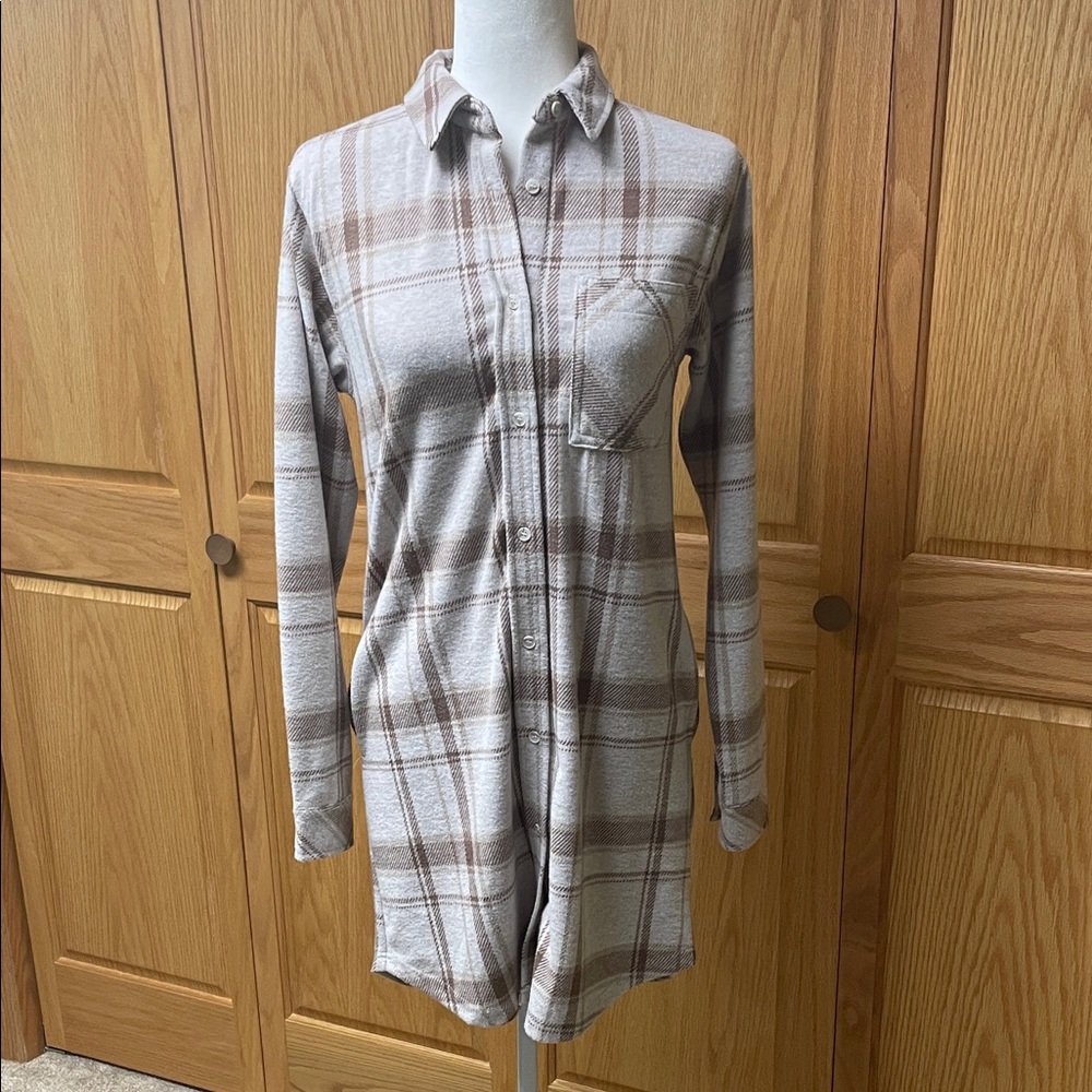 Thread & Supply Cream and Brown Plaid Shirt Dress